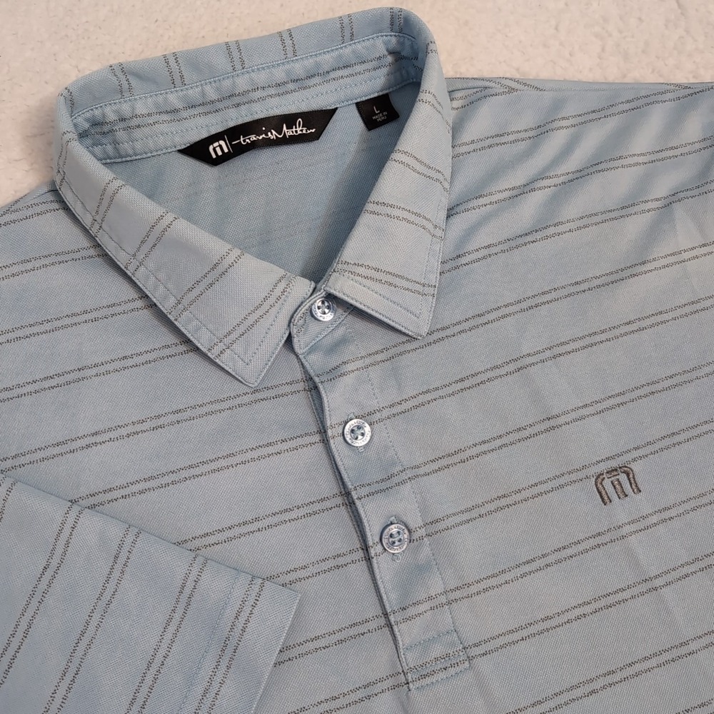 Travis Mathew Polo Mens L Blue Heathered Stripe TAHOE Performance Golf